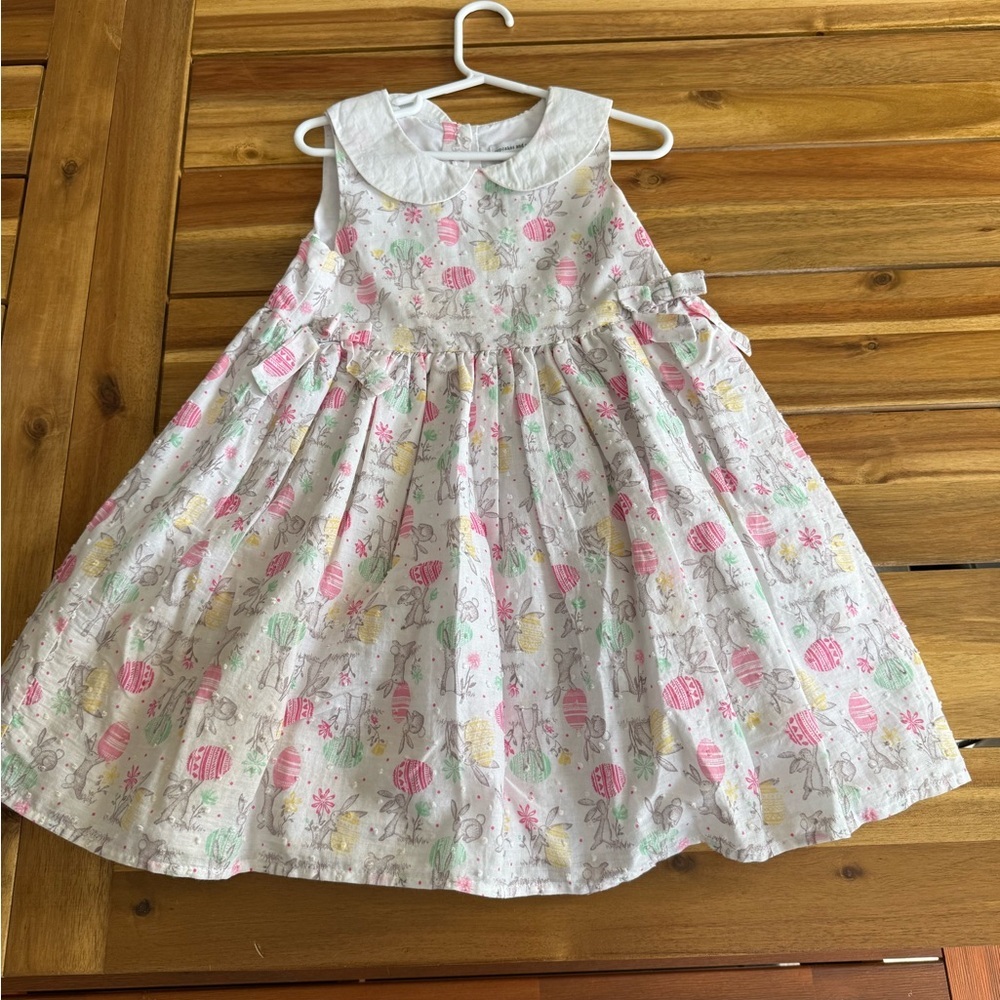 Girls White Cotton Dress with Pink & Pastel Print Bunnies